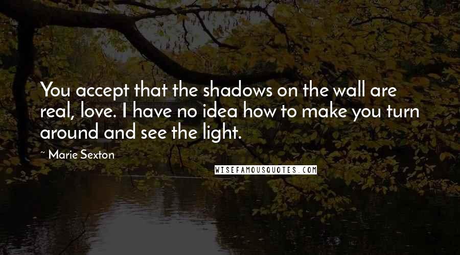 Marie Sexton Quotes: You accept that the shadows on the wall are real, love. I have no idea how to make you turn around and see the light.