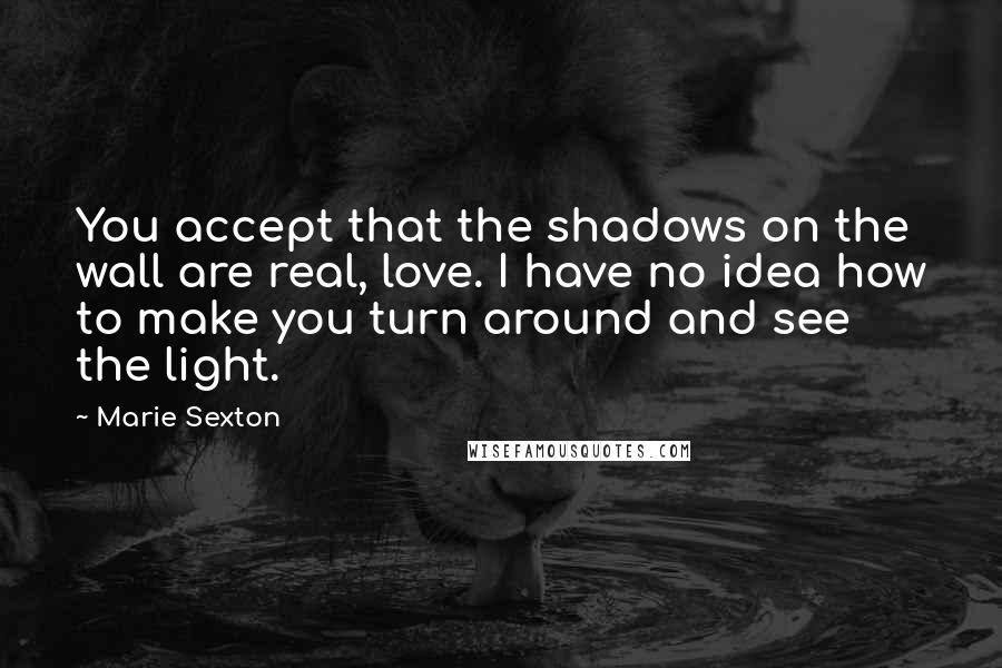 Marie Sexton Quotes: You accept that the shadows on the wall are real, love. I have no idea how to make you turn around and see the light.