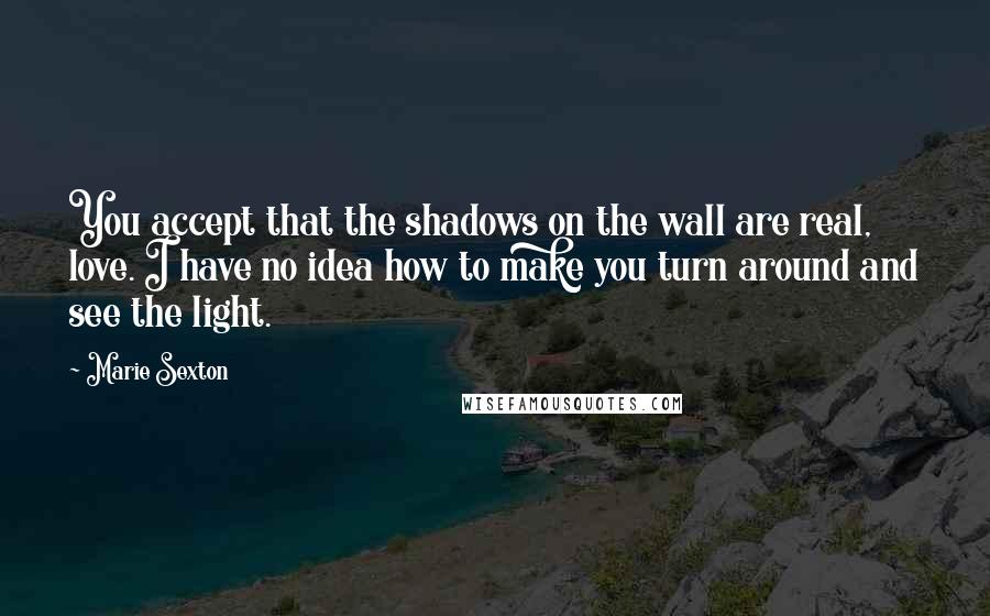 Marie Sexton Quotes: You accept that the shadows on the wall are real, love. I have no idea how to make you turn around and see the light.