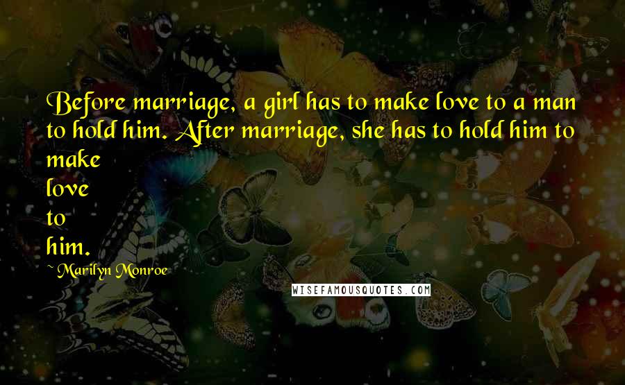 Marilyn Monroe Quotes: Before marriage, a girl has to make love to a man to hold him. After marriage, she has to hold him to make love to him.
