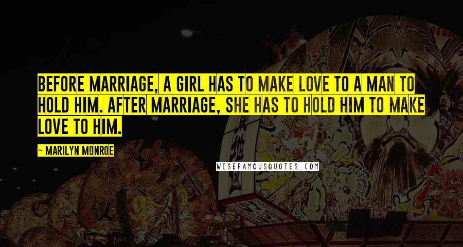 Marilyn Monroe Quotes: Before marriage, a girl has to make love to a man to hold him. After marriage, she has to hold him to make love to him.