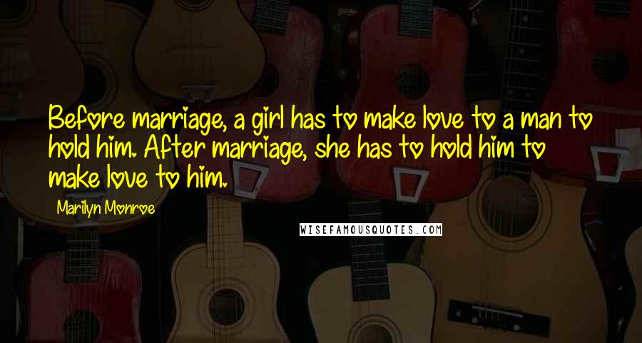 Marilyn Monroe Quotes: Before marriage, a girl has to make love to a man to hold him. After marriage, she has to hold him to make love to him.