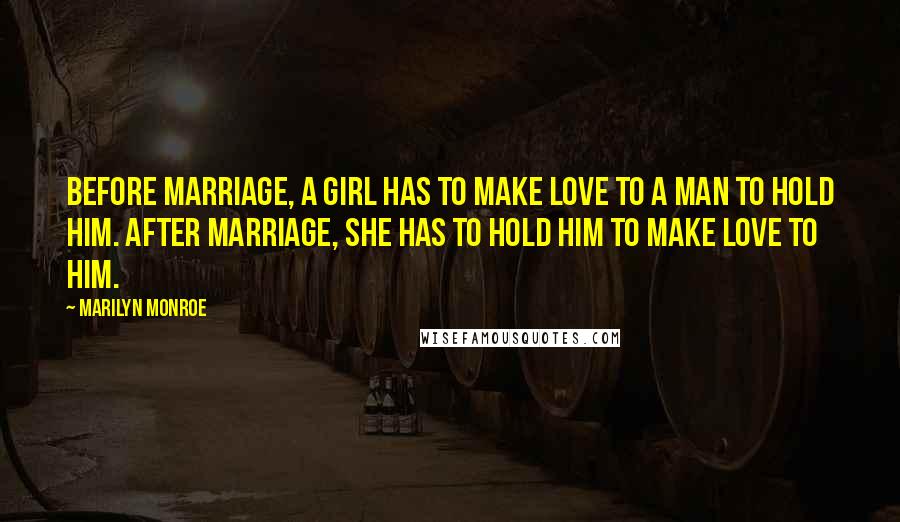 Marilyn Monroe Quotes: Before marriage, a girl has to make love to a man to hold him. After marriage, she has to hold him to make love to him.