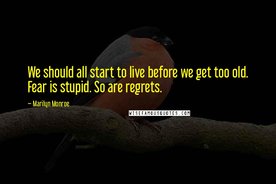 Marilyn Monroe Quotes: We should all start to live before we get too old. Fear is stupid. So are regrets.