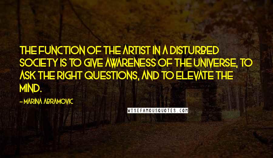 Marina Abramovic Quotes: The function of the artist in a disturbed society is to give awareness of the universe, to ask the right questions, and to elevate the mind.