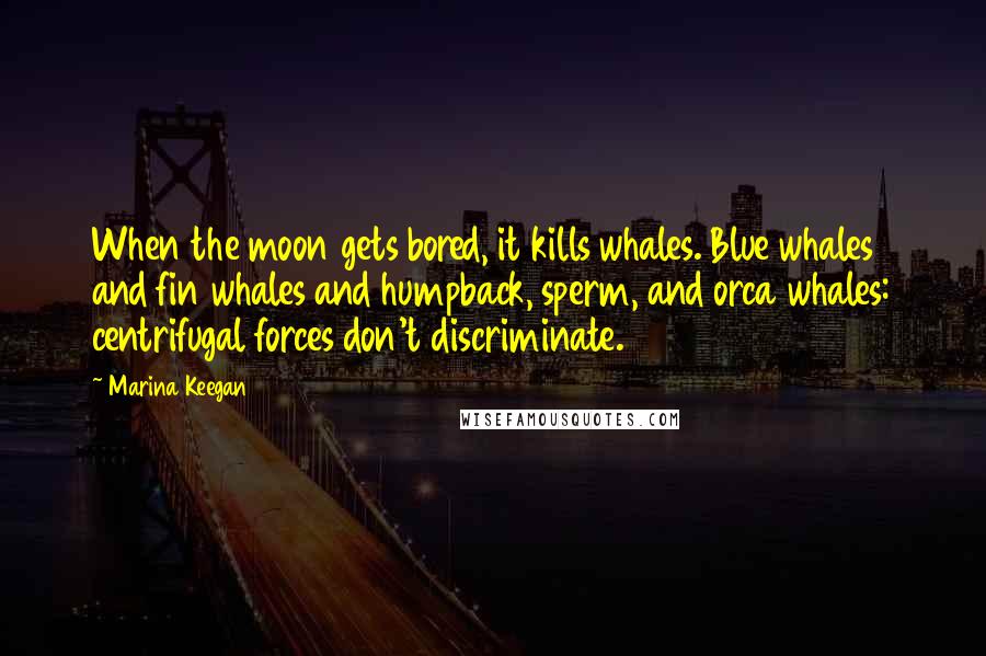 Marina Keegan Quotes: When the moon gets bored, it kills whales. Blue whales and fin whales and humpback, sperm, and orca whales: centrifugal forces don't discriminate.