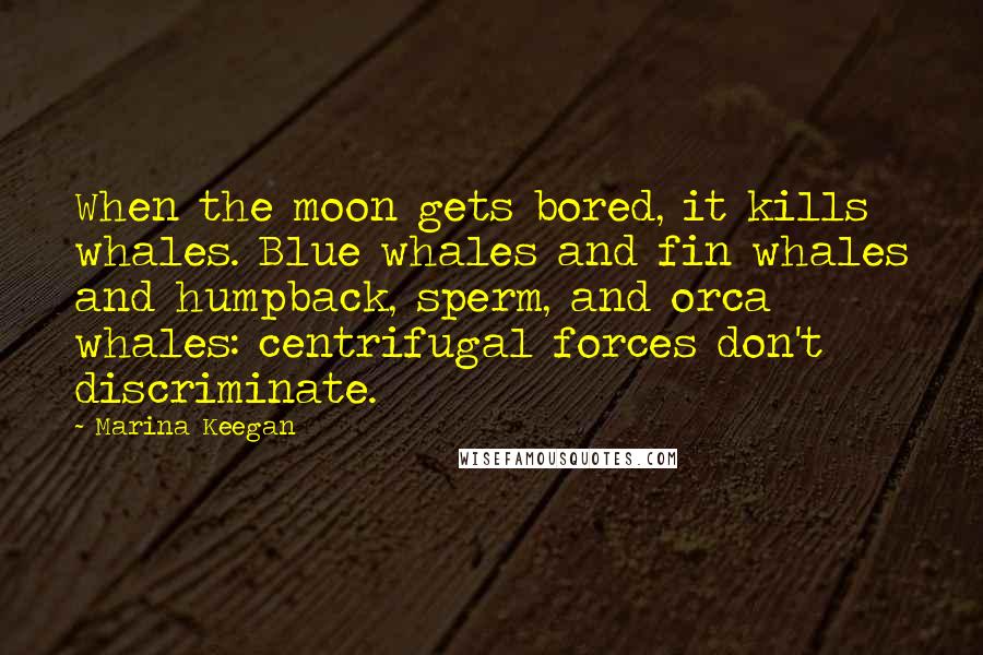 Marina Keegan Quotes: When the moon gets bored, it kills whales. Blue whales and fin whales and humpback, sperm, and orca whales: centrifugal forces don't discriminate.