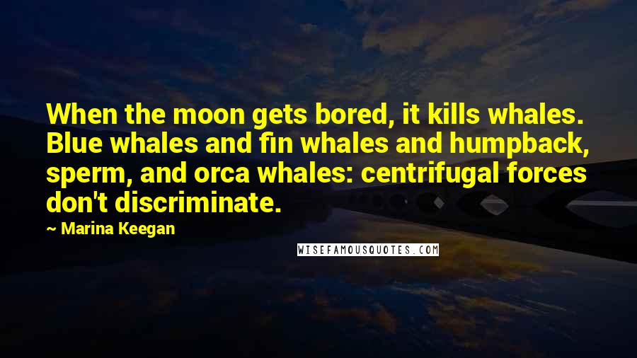 Marina Keegan Quotes: When the moon gets bored, it kills whales. Blue whales and fin whales and humpback, sperm, and orca whales: centrifugal forces don't discriminate.