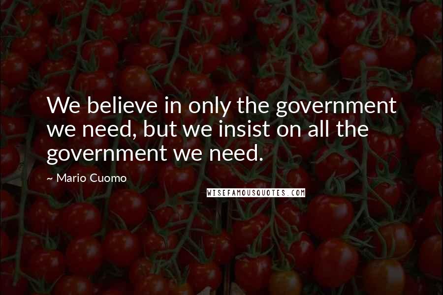 Mario Cuomo Quotes: We believe in only the government we need, but we insist on all the government we need.