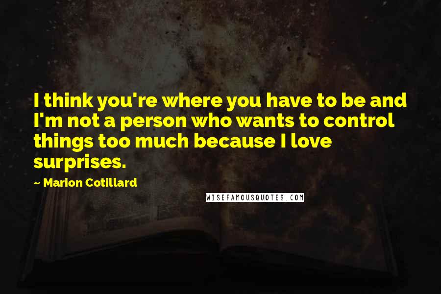 Marion Cotillard Quotes: I think you're where you have to be and I'm not a person who wants to control things too much because I love surprises.