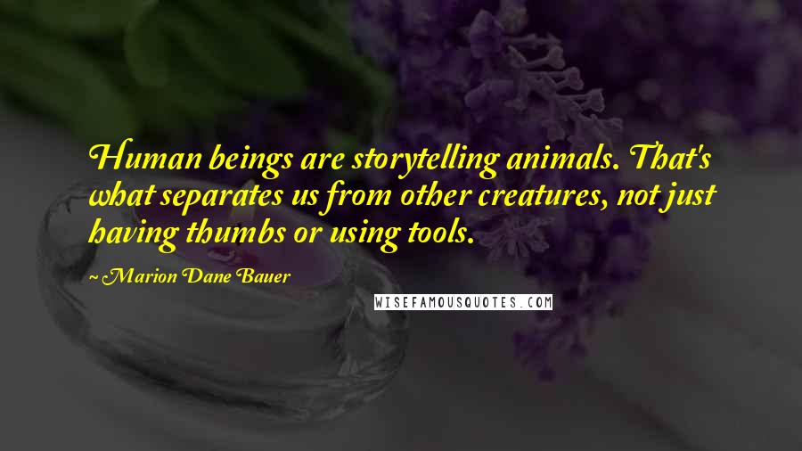 Marion Dane Bauer Quotes: Human beings are storytelling animals. That's what separates us from other creatures, not just having thumbs or using tools.