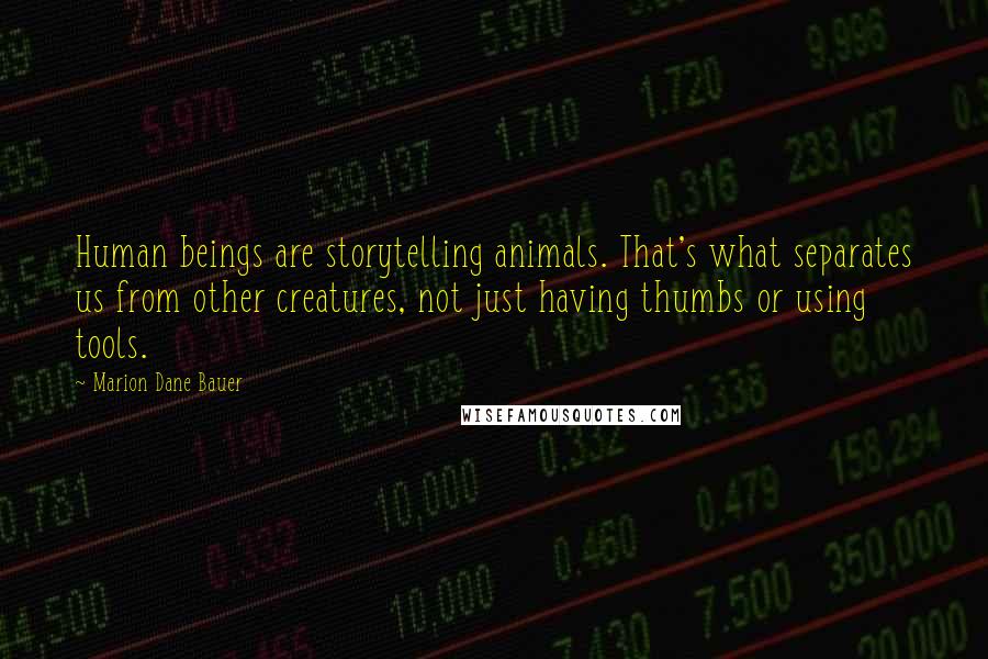 Marion Dane Bauer Quotes: Human beings are storytelling animals. That's what separates us from other creatures, not just having thumbs or using tools.