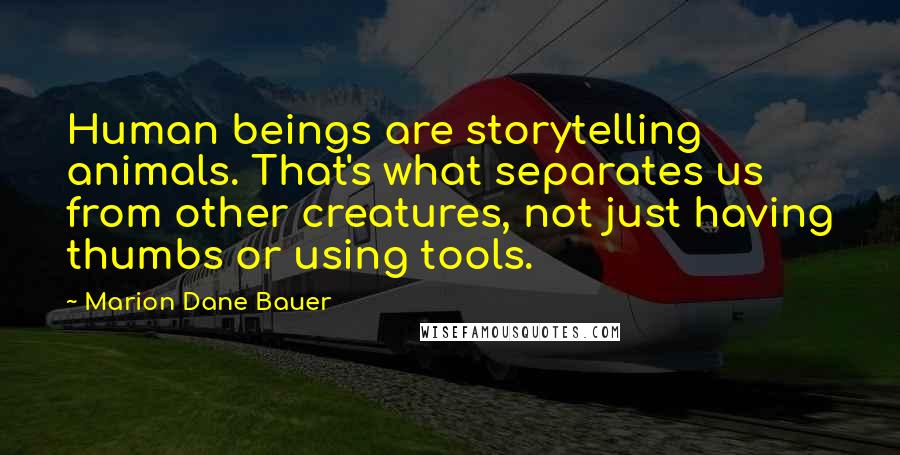 Marion Dane Bauer Quotes: Human beings are storytelling animals. That's what separates us from other creatures, not just having thumbs or using tools.