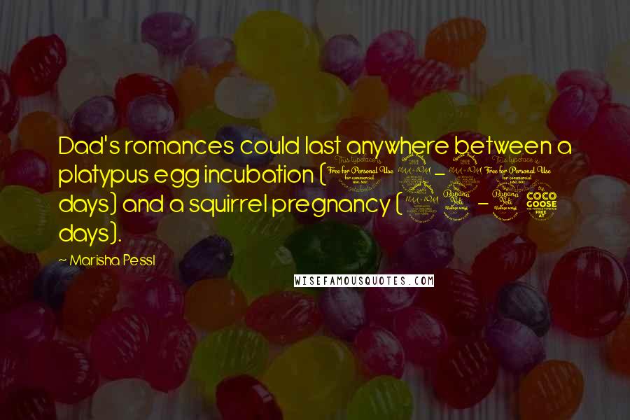 Marisha Pessl Quotes: Dad's romances could last anywhere between a platypus egg incubation (19-21 days) and a squirrel pregnancy (24-45 days).