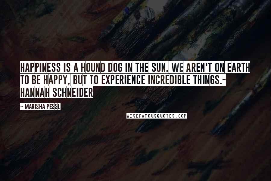 Marisha Pessl Quotes: Happiness is a hound dog in the sun. We aren't on Earth to be happy, but to experience incredible things.- Hannah Schneider