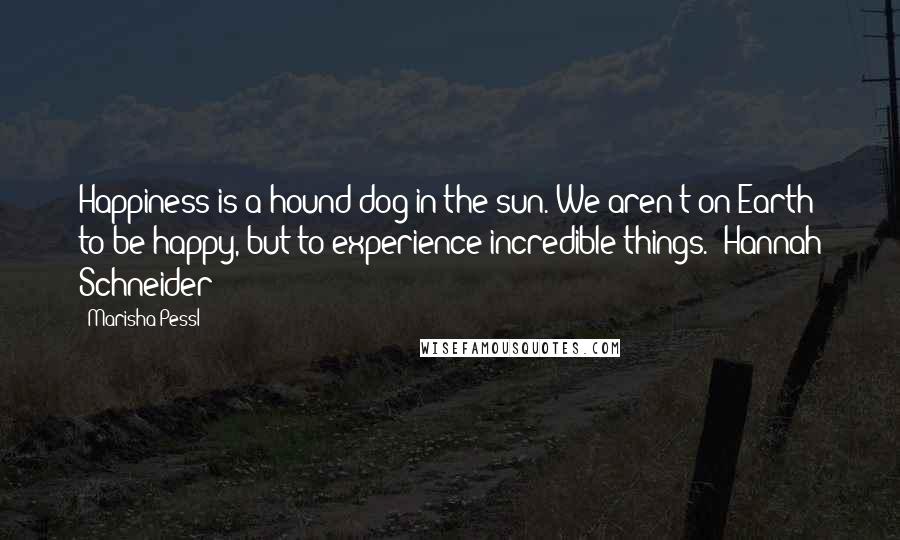 Marisha Pessl Quotes: Happiness is a hound dog in the sun. We aren't on Earth to be happy, but to experience incredible things.- Hannah Schneider