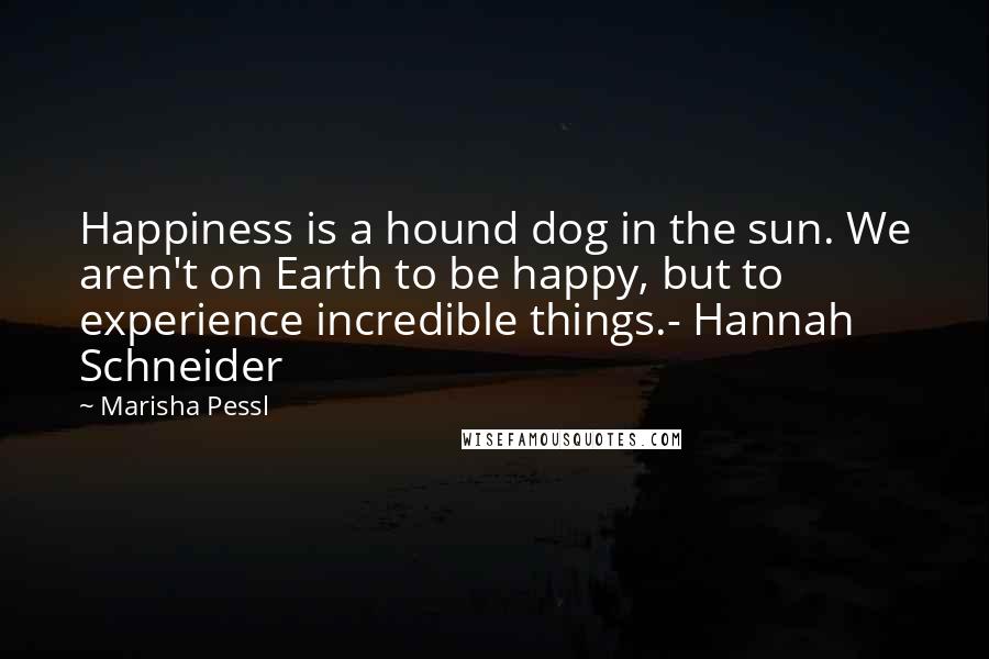 Marisha Pessl Quotes: Happiness is a hound dog in the sun. We aren't on Earth to be happy, but to experience incredible things.- Hannah Schneider