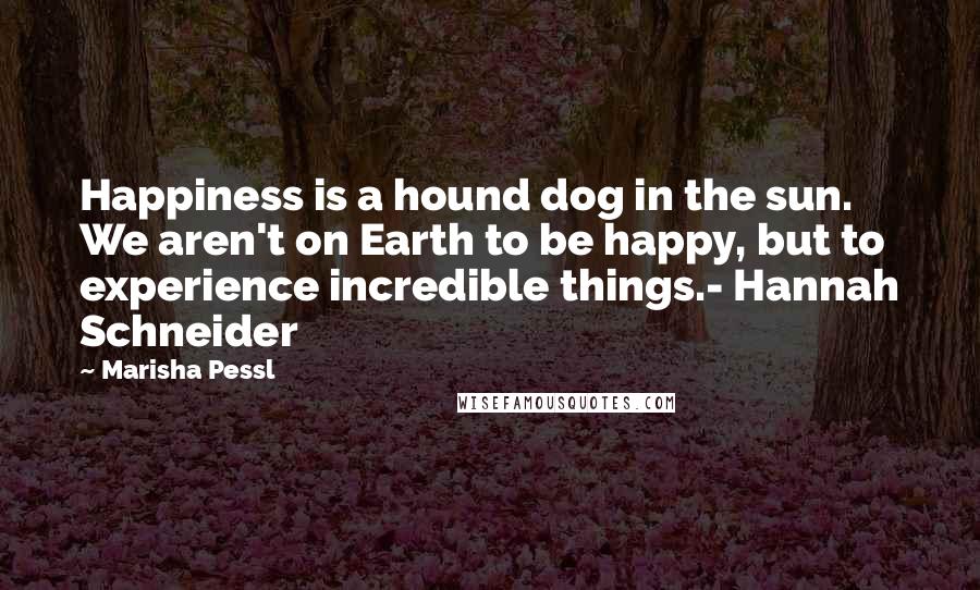 Marisha Pessl Quotes: Happiness is a hound dog in the sun. We aren't on Earth to be happy, but to experience incredible things.- Hannah Schneider