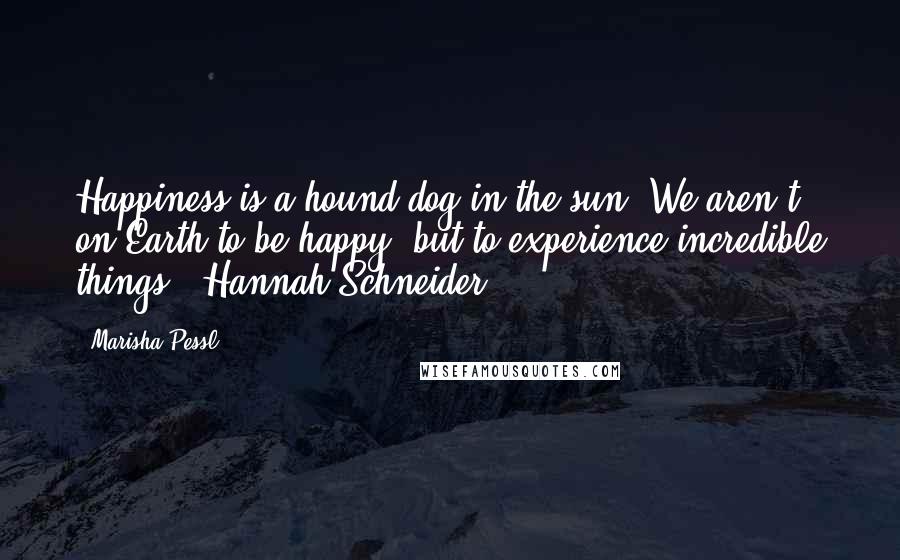 Marisha Pessl Quotes: Happiness is a hound dog in the sun. We aren't on Earth to be happy, but to experience incredible things.- Hannah Schneider