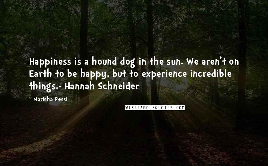 Marisha Pessl Quotes: Happiness is a hound dog in the sun. We aren't on Earth to be happy, but to experience incredible things.- Hannah Schneider