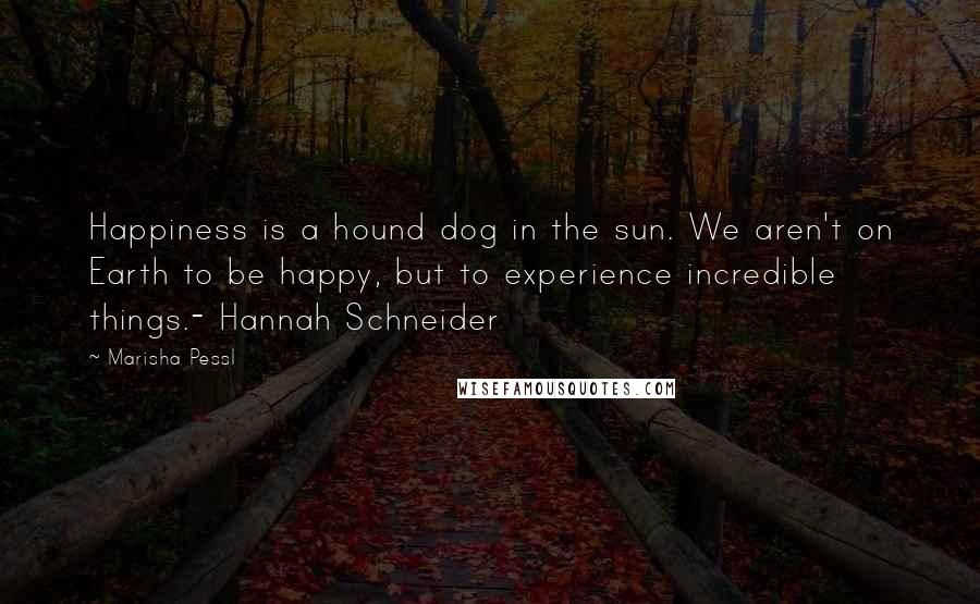 Marisha Pessl Quotes: Happiness is a hound dog in the sun. We aren't on Earth to be happy, but to experience incredible things.- Hannah Schneider