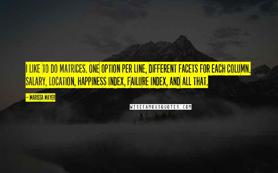 Marissa Mayer Quotes: I like to do matrices. One option per line, different facets for each column. Salary, location, happiness index, failure index, and all that.