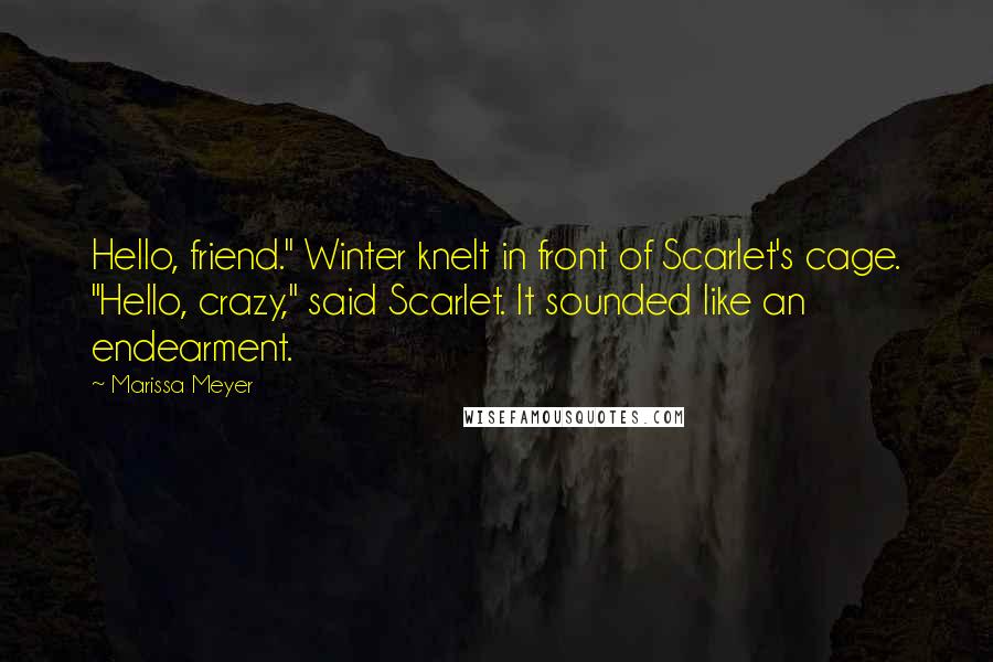 Marissa Meyer Quotes: Hello, friend." Winter knelt in front of Scarlet's cage. "Hello, crazy," said Scarlet. It sounded like an endearment.