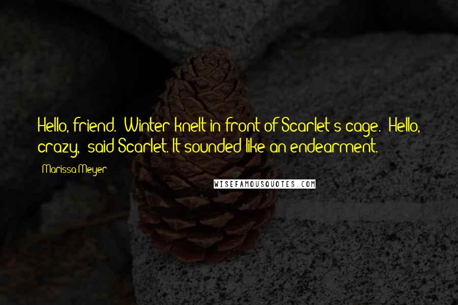 Marissa Meyer Quotes: Hello, friend." Winter knelt in front of Scarlet's cage. "Hello, crazy," said Scarlet. It sounded like an endearment.