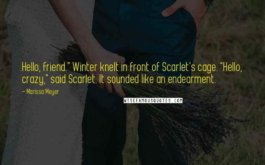 Marissa Meyer Quotes: Hello, friend." Winter knelt in front of Scarlet's cage. "Hello, crazy," said Scarlet. It sounded like an endearment.