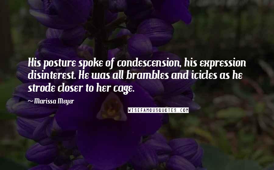 Marissa Meyer Quotes: His posture spoke of condescension, his expression disinterest. He was all brambles and icicles as he strode closer to her cage.