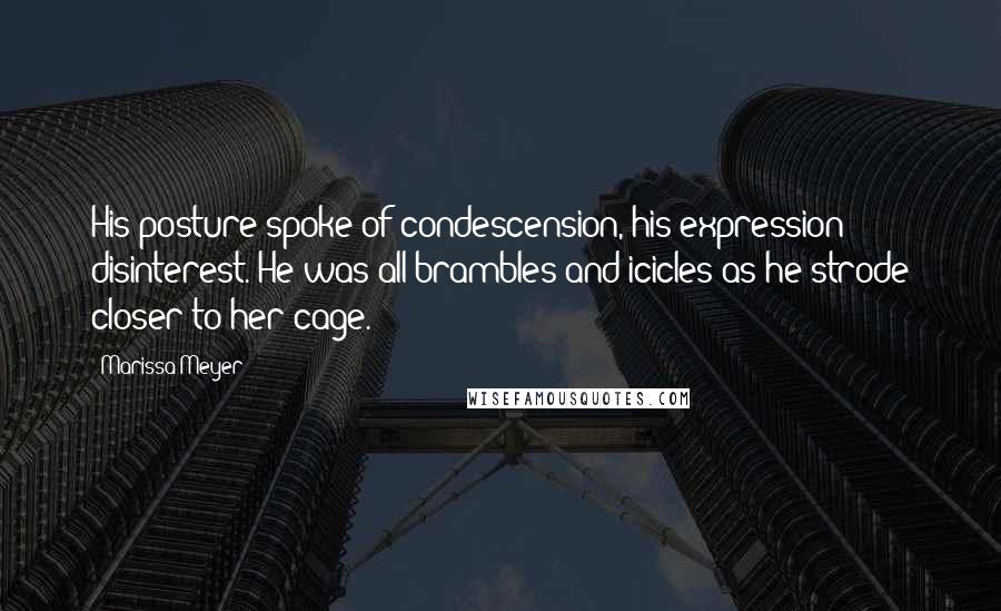 Marissa Meyer Quotes: His posture spoke of condescension, his expression disinterest. He was all brambles and icicles as he strode closer to her cage.