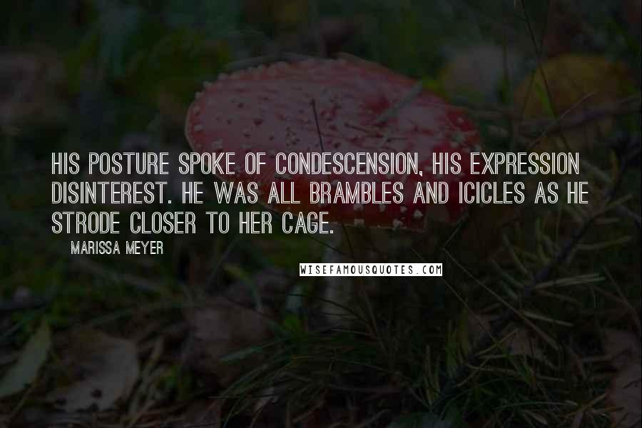 Marissa Meyer Quotes: His posture spoke of condescension, his expression disinterest. He was all brambles and icicles as he strode closer to her cage.