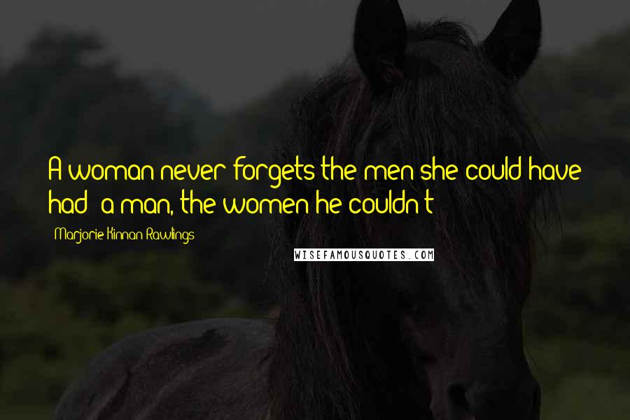 Marjorie Kinnan Rawlings Quotes: A woman never forgets the men she could have had; a man, the women he couldn't
