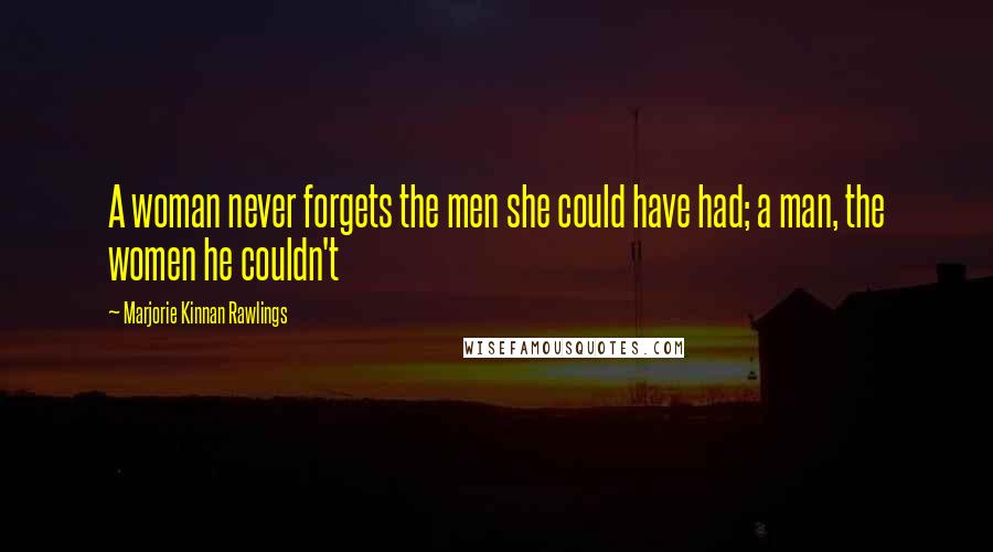 Marjorie Kinnan Rawlings Quotes: A woman never forgets the men she could have had; a man, the women he couldn't
