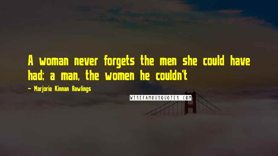 Marjorie Kinnan Rawlings Quotes: A woman never forgets the men she could have had; a man, the women he couldn't