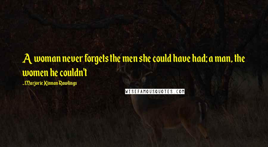 Marjorie Kinnan Rawlings Quotes: A woman never forgets the men she could have had; a man, the women he couldn't