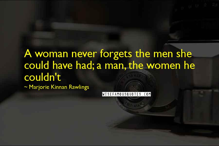 Marjorie Kinnan Rawlings Quotes: A woman never forgets the men she could have had; a man, the women he couldn't