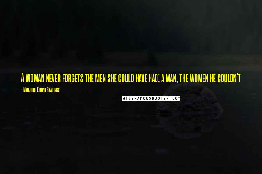 Marjorie Kinnan Rawlings Quotes: A woman never forgets the men she could have had; a man, the women he couldn't