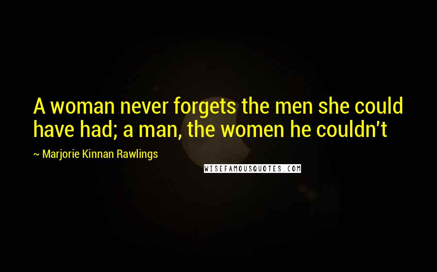 Marjorie Kinnan Rawlings Quotes: A woman never forgets the men she could have had; a man, the women he couldn't