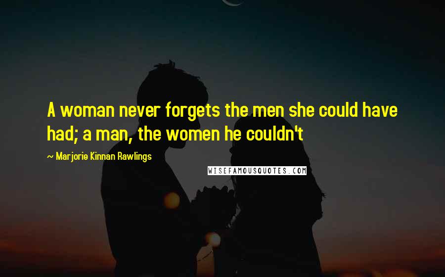 Marjorie Kinnan Rawlings Quotes: A woman never forgets the men she could have had; a man, the women he couldn't