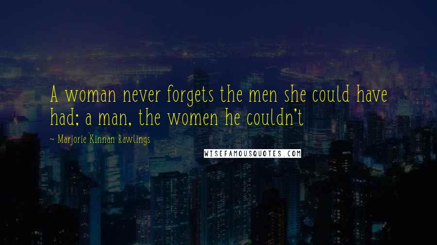 Marjorie Kinnan Rawlings Quotes: A woman never forgets the men she could have had; a man, the women he couldn't
