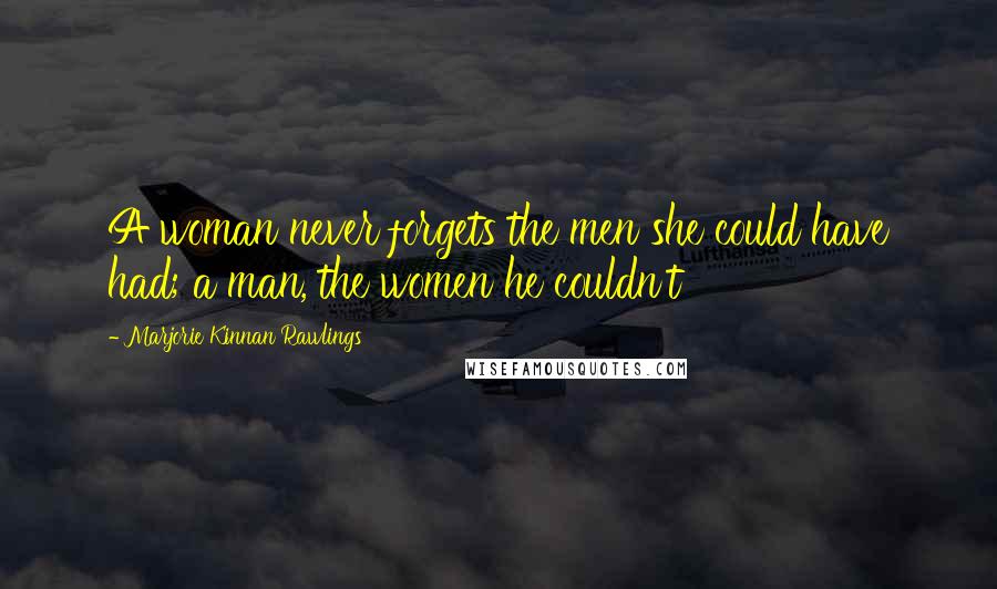 Marjorie Kinnan Rawlings Quotes: A woman never forgets the men she could have had; a man, the women he couldn't