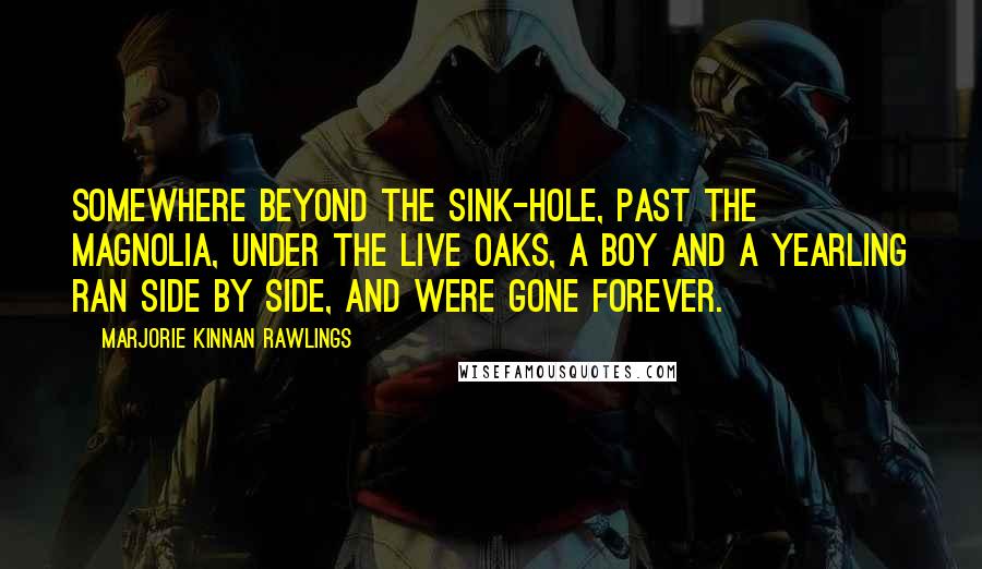Marjorie Kinnan Rawlings Quotes: Somewhere beyond the sink-hole, past the magnolia, under the live oaks, a boy and a yearling ran side by side, and were gone forever.