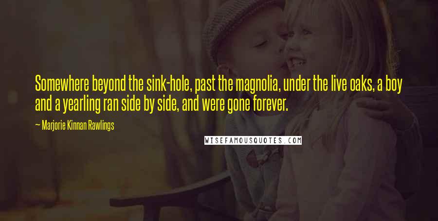 Marjorie Kinnan Rawlings Quotes: Somewhere beyond the sink-hole, past the magnolia, under the live oaks, a boy and a yearling ran side by side, and were gone forever.
