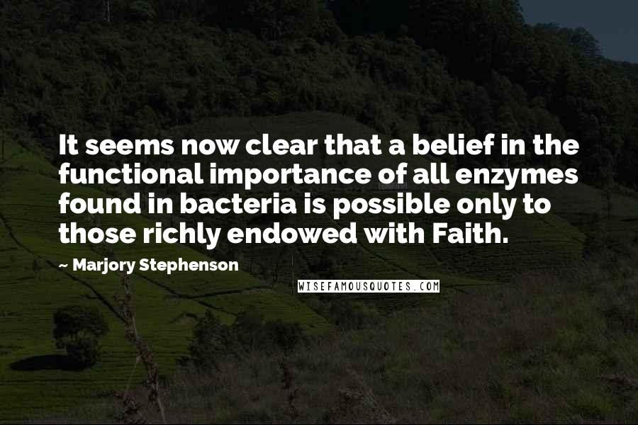 Marjory Stephenson Quotes: It seems now clear that a belief in the functional importance of all enzymes found in bacteria is possible only to those richly endowed with Faith.