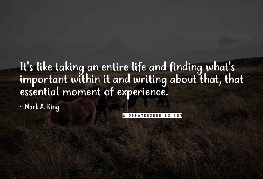 Mark A. King Quotes: It's like taking an entire life and finding what's important within it and writing about that, that essential moment of experience.