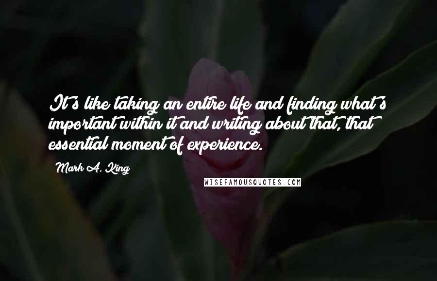 Mark A. King Quotes: It's like taking an entire life and finding what's important within it and writing about that, that essential moment of experience.