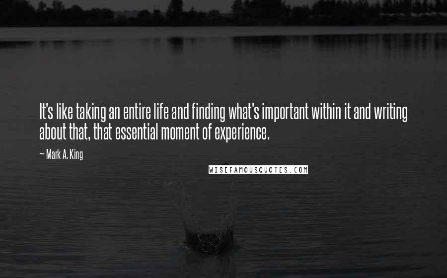 Mark A. King Quotes: It's like taking an entire life and finding what's important within it and writing about that, that essential moment of experience.