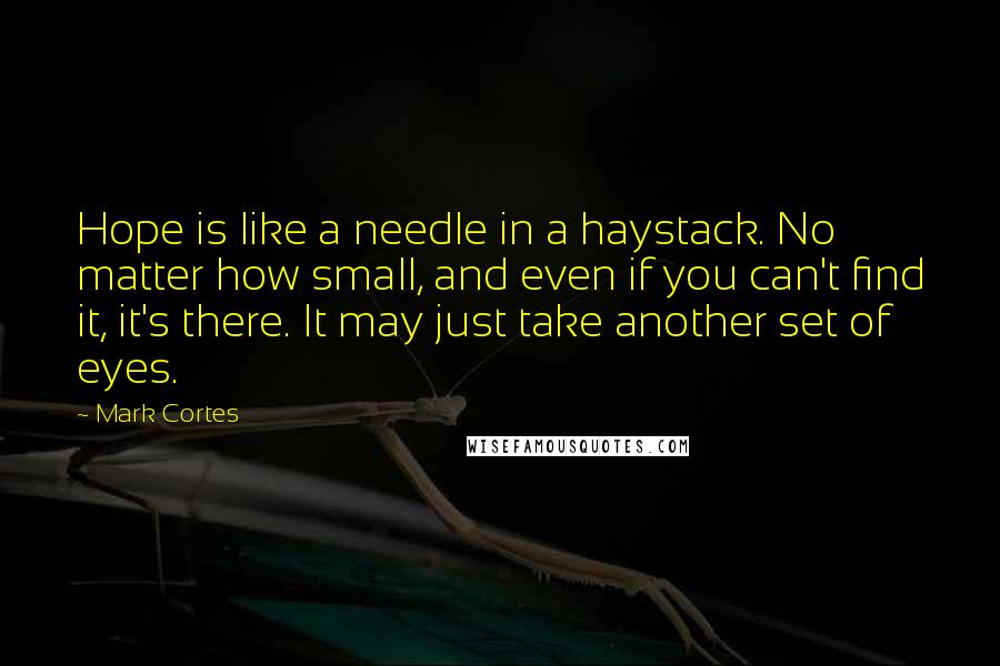 Mark Cortes Quotes: Hope is like a needle in a haystack. No matter how small, and even if you can't find it, it's there. It may just take another set of eyes.