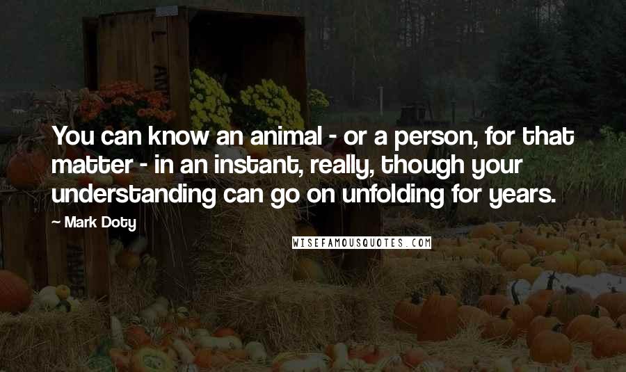 Mark Doty Quotes: You can know an animal - or a person, for that matter - in an instant, really, though your understanding can go on unfolding for years.